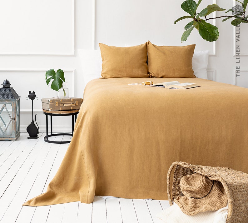 DUSTY MUSTARD linen blanket bedspread dusty camel king/queen size bed cover cinnamon heavier linen bed throw-linen blanket image 5