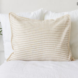 STRIPED linen pillow case with lace off white linen pillow housewife standard, queen, king sizes pinstriped linen pillow image 2