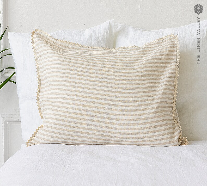 STRIPED linen pillow case with lace off white linen pillow housewife standard, queen, king sizes pinstriped linen pillow image 2