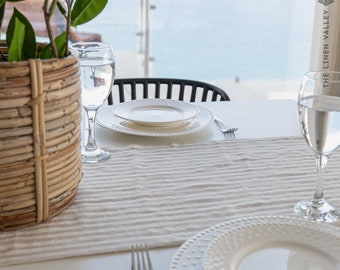 May include: A white table setting with two place settings, each with a white plate, a white saucer, and a fork. A white linen table runner with thin grey stripes is on the table. Two glasses of water are on the table. The table is set for a meal.