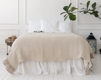 Funda de lino con textura de gofre - Manta de lino - Funda de sofá de lino - Funda de lino para zona de estar - Manta de gofre con volantes