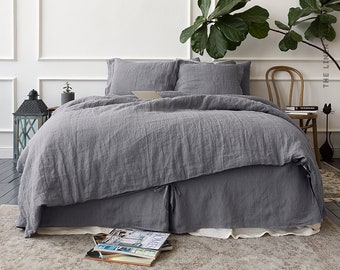 Grey Linen Duvet Cover Set, Stonewashed Linen Bedding Queen King, Breathable Flax Bedding Set,  Soft Breathable Bedding with Pillowcases
