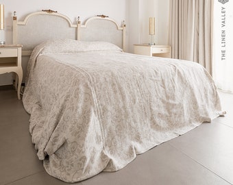 ROYAL FLORAL linen king size bedspread- queen size bedspread- bedspread-floral bed cover- Double sided light linen bed throw