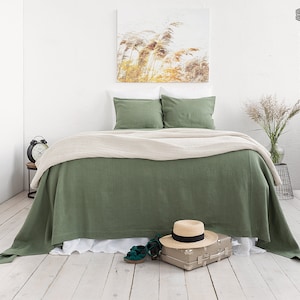 Moss green linen bedspread -olive green king/queen size bed cover- military green heavier linen bed throw- green linen throw