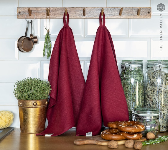 Linen Tea Towels 2 Pcs. BURGUNDY RED Towel Set. Softened Linen Kitchen Towel.  Hand Towel. Natural Dish Towel. -  Norway