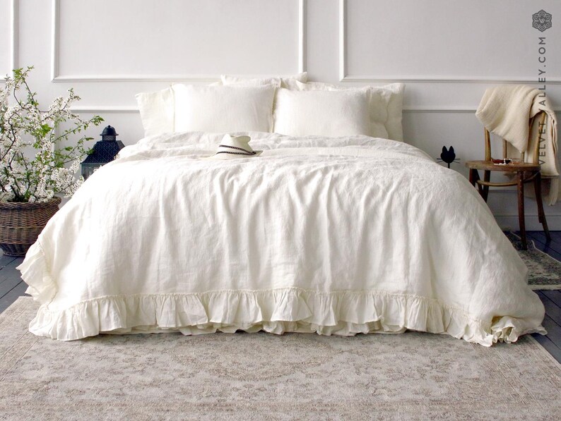 Grey Linen Duvet Cover - Stonewashed Flax Bedding - Ruffled Gray Queen King Comforter - OEKO TEX Certified Mid Weight Natural Linen image 5