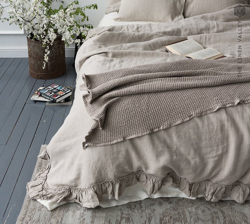 NATURAL UNBLEACHED linen comforter cover Ruffled linen luxurious double/queen/king size doona cover ecru duvet with ruffles image 4