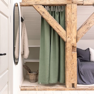 Moss green linen curtain (1 pcs) - tie top green softened heavier weight linen drape -olive green heavy curtain-green linen curtain