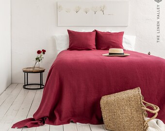 BURGUNDY RED linen bedspread- rosewood linen throw- softened linen bed cover-bed cover-Pre washed linen coverlet