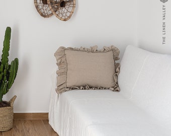 NATURAL UNBLEACHED linen pillow sham with ruffles - natural linen vintage look  queen, king, jumbo, boudoir  size pillow - Linen pillow case