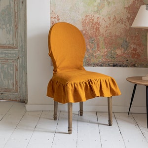 Linen chair slip cover with ruffle -French Brasserie Oval Chair natural linen seat cushion - chair cover romantic- linen chair protection