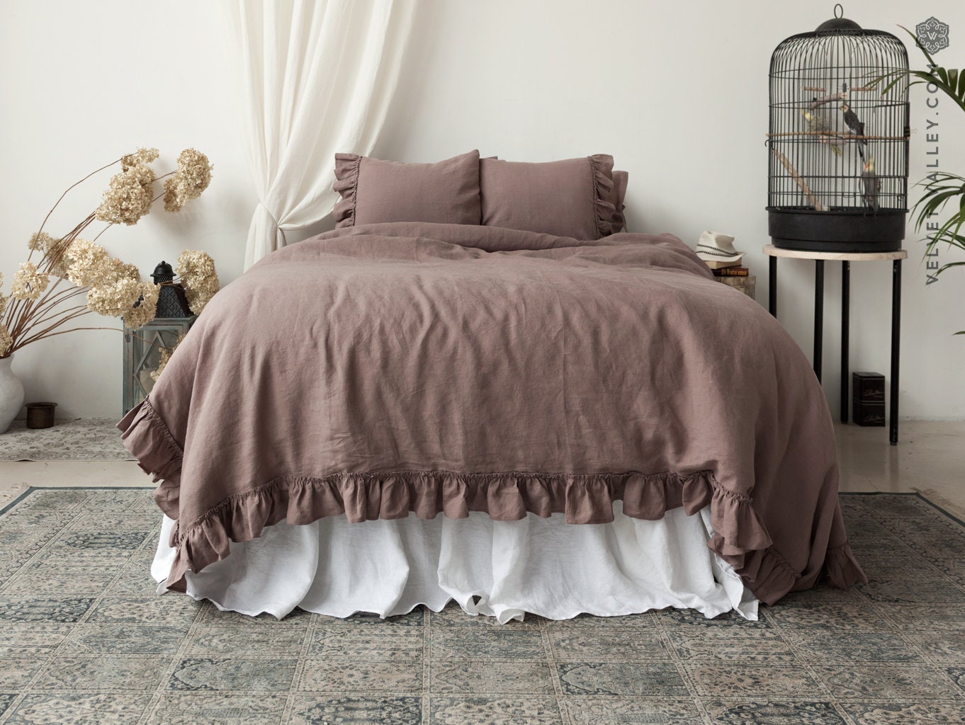 Linen Rustic Rose Duvet Cover With Ruffles Wood Rose Queen Etsy