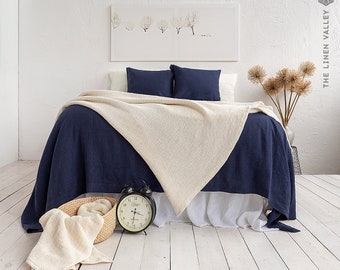 NAVY BLUE linen bedspread- linen bed cover-dark blue  queen king size quilt- linen coverlet-Softened linen throw quilt