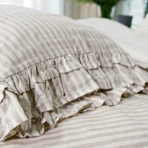 Striped linen pillow with ruffles-softened linen pillow- off white standard, queen, king, deco, euro sizes-Natural linen pillow with ruffles
