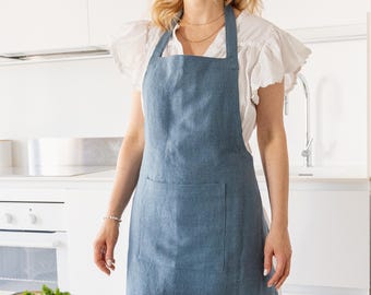 Ocean Blue Linen Kitchen Apron - Stonewashed Flax Bib Apron with Pocket -  Full Unisex Apron for Cooking, Baking, Gardening