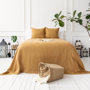 DUSTY MUSTARD linen blanket bedspread dusty camel king/queen size bed cover cinnamon heavier linen bed throw-linen blanket image 1