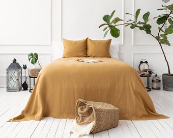 DUSTY MUSTARD linen blanket- bedspread -dusty camel king/queen size bed cover- cinnamon heavier linen bed throw-linen blanket