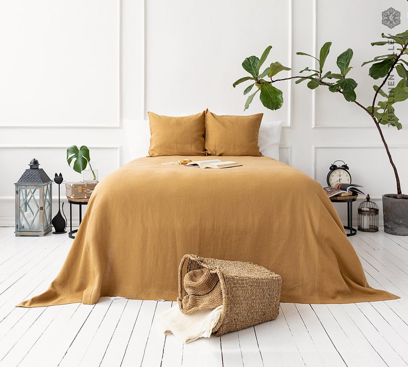DUSTY MUSTARD linen blanket bedspread dusty camel king/queen size bed cover cinnamon heavier linen bed throw-linen blanket image 1