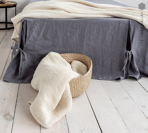 CHARCOAL GREY Linen Box Pleated Bed Skirt Softened Linen Bedskirt