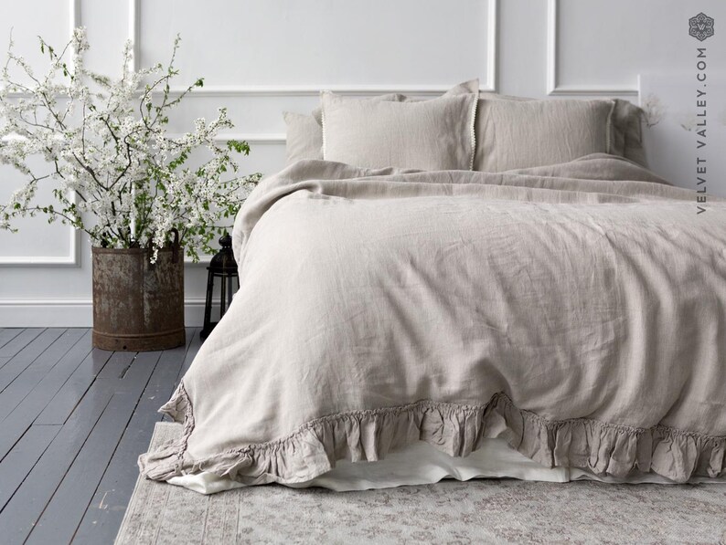 Grey Linen Duvet Cover - Stonewashed Flax Bedding - Ruffled Gray Queen King Comforter - OEKO TEX Certified Mid Weight Natural Linen image 4