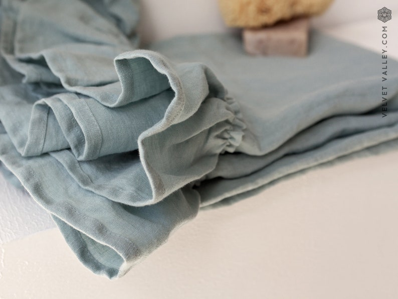 Set of 2 DUCK EGG BLUE linen hand towel with ruffles tea towel-gift set linen dusty blue luxurious towel ice blue hand body towel image 3