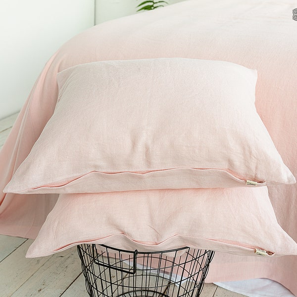 QUARTZ ROSE linen pillow sham with zipper- pink linen pillow- white decorative pillow- heavier weight linen pillow