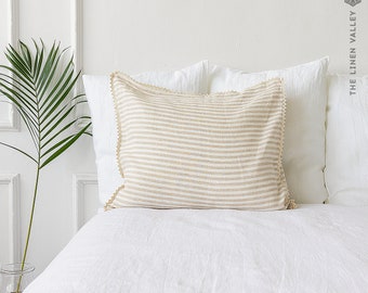 STRIPED linen pillow case with lace - off white  linen pillow-  housewife standard, queen, king sizes- pinstriped linen pillow