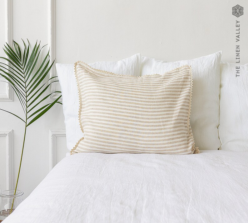 STRIPED linen pillow case with lace off white linen pillow housewife standard, queen, king sizes pinstriped linen pillow image 1