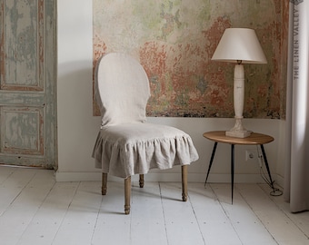 Linen chair slip cover with ruffle -French Brasserie Oval Chair natural linen seat cushion - chair cover romantic- linen chair protection
