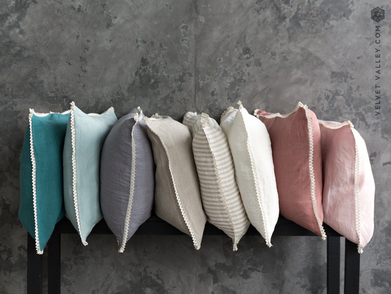 Gray linen pillow stonewashed linen pillow case with lace Etsy