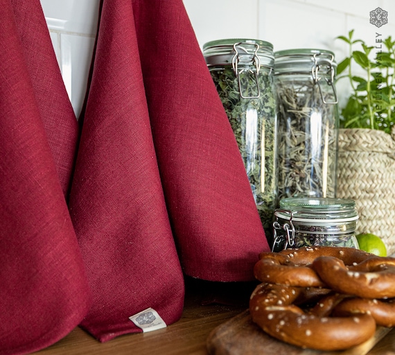 Linen Tea Towels 2 Pcs. BURGUNDY RED Towel Set. Softened 