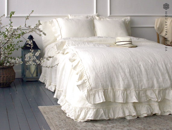 Linen Ivory White Comforter Cover White Ruffle Etsy