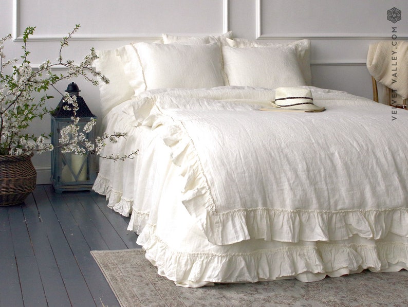 Linen Ivory White Comforter Cover Ruffle Bedding Ruffled Antique Queen King Size Doona French Style Duvet