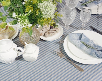 SONDERANGEBOT- Runde Leinen blau gestreifte Tischdecke- Vintage Stil Tischdecke mit Rüschen-Große/Kleine leichte Tischdecke