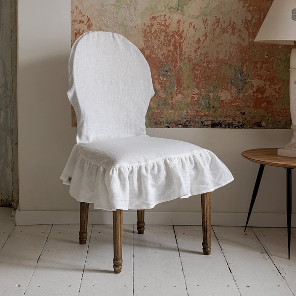 Linen chair slip cover with ruffle -French Brasserie Oval Chair natural linen seat cushion - chair cover romantic- linen chair protection