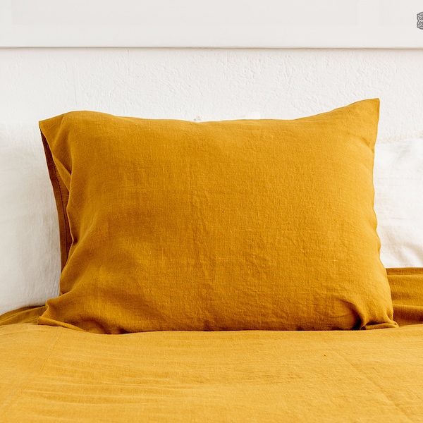 AMBER YELLOW funda de almohada de lino - almohada de azafrán de lino más pesado - almohada de color caléndula - funda de almohada amarilla miel de lino ocre