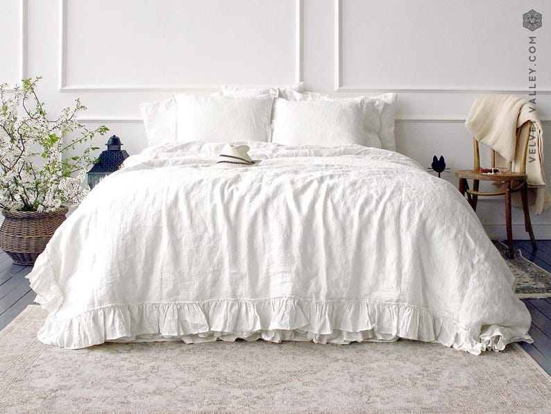Grey Linen Duvet Cover - Stonewashed Flax Bedding - Ruffled Gray Queen King Comforter - OEKO TEX Certified Mid Weight Natural Linen image 6