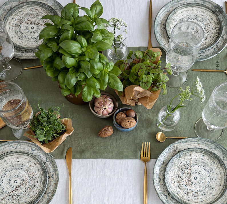 MOSS GREEN linen table runner heavier linen olive green linen table runner military green table runner handmade linen table runner image 3