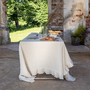 Striped linen tablecloth- pinstriped natural linen tablecloth with ruffles-various colours- dense light linen tablecloth