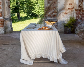 STRIPED linen tablecloth- natural linen tablecloth with ruffles-various colours- dense light linen tablecloth