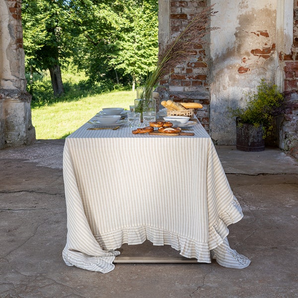 STRIPED linen tablecloth- natural linen tablecloth with ruffles-various colours- dense light linen tablecloth