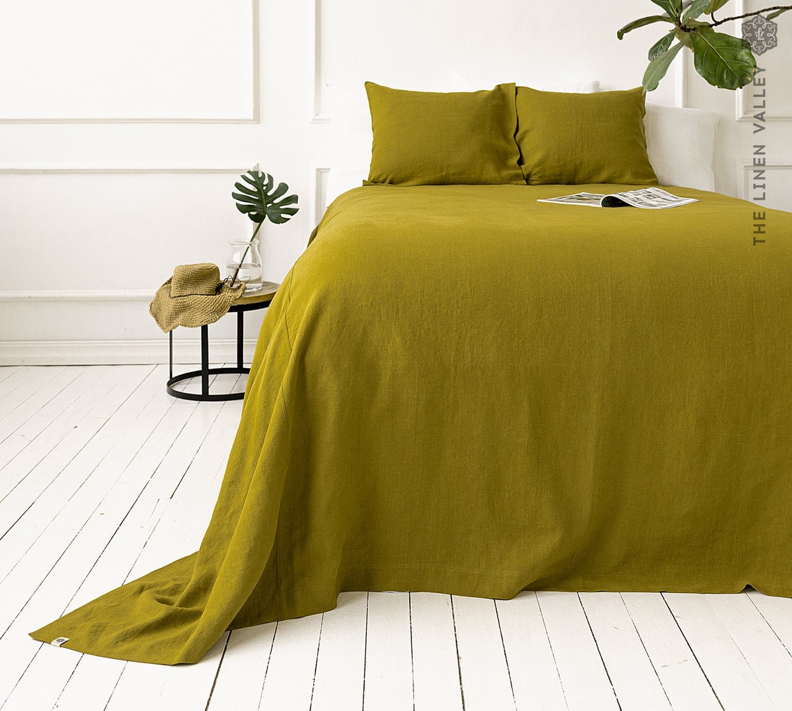 OLIVE GREEN Linen Bedspread Spring Green King/queen Size Bed Etsy
