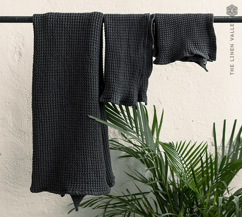 Special offer- 2 set of CHARCOAL GREY linen towels . Washcloth, hand  towels. Waffle textured linen towels. Black linen towel