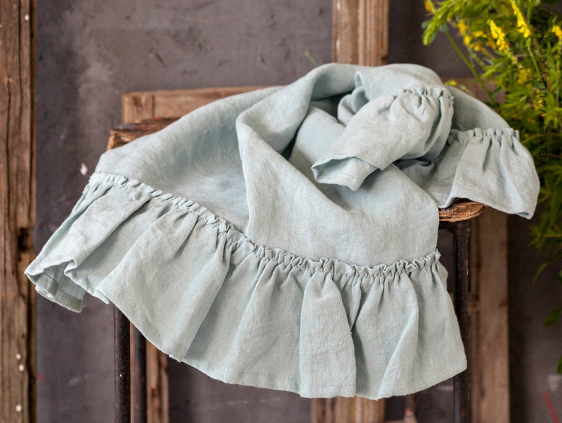 Set of 2 linen duck egg blue hand towel with ruffles tea Etsy
