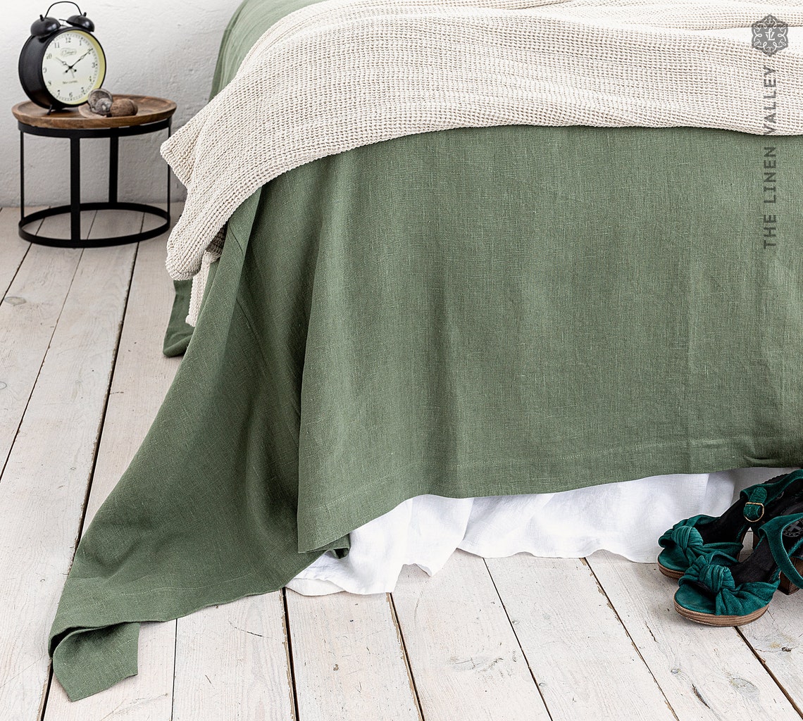 MOSS GREEN linen bedspread olive green king/queen size bed Etsy
