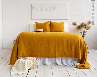 AMBER YELLOW linen bedspread - saffron king/queen size bed cover- ochre heavier linen bed throw- marigold linen throw