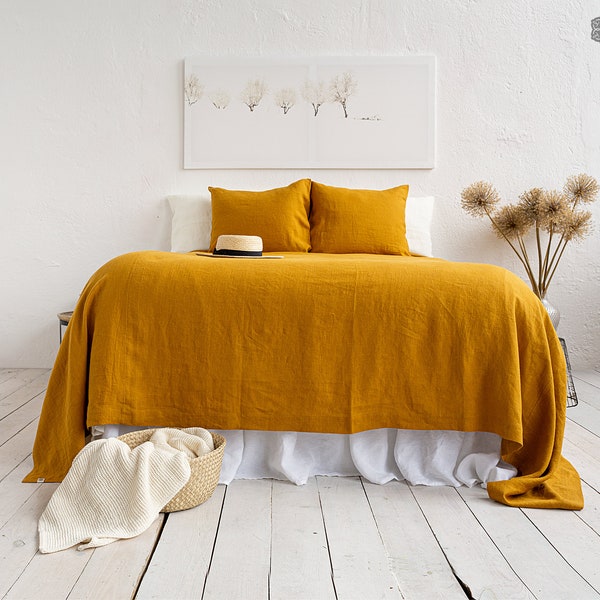 AMBER YELLOW linen bedspread - saffron king/queen size bed cover- ochre heavier linen bed throw- marigold linen throw