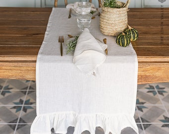 OPTICAL WHITE linen table runner with ruffle - bright white table runner - other colours - handmade linen table runner - Table linens