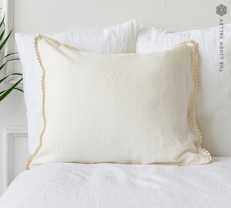 STRIPED linen pillow case with lace off white linen pillow housewife standard, queen, king sizes pinstriped linen pillow image 6
