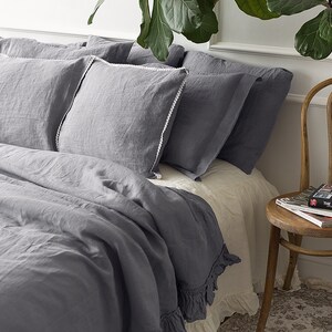 Grey Linen Duvet Cover - Stonewashed Flax Bedding - Ruffled Gray Queen King Comforter - OEKO TEX Certified Mid Weight Natural Linen image 3